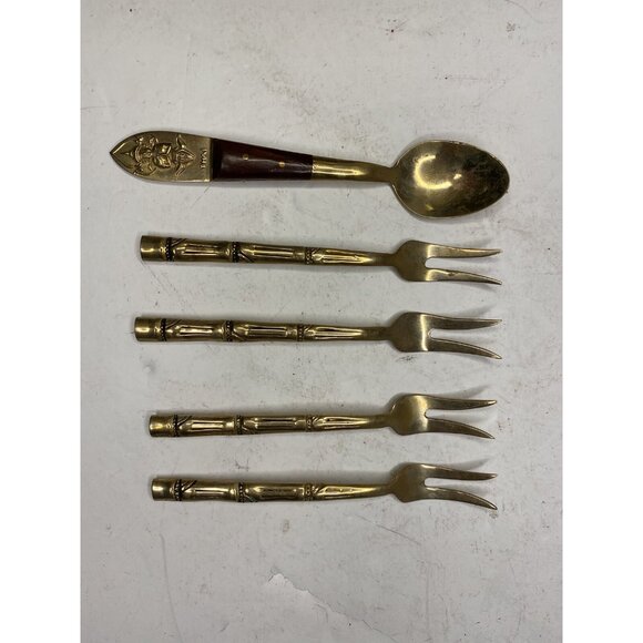 Thailand Nickelbronze Appetizer Cocktail Forks & Spoon Bamboo Design Set of 5 - Picture 12 of 12